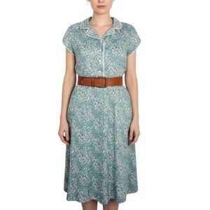 Vintage 70s teal floral lace trim collared short sleeve knee length day dress